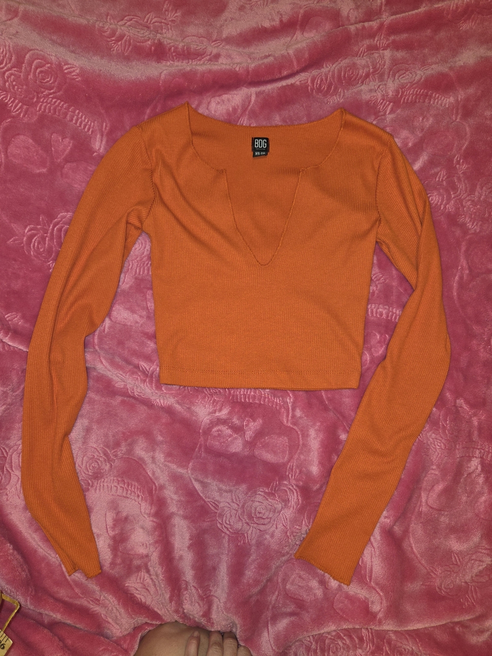BDG Bright Orange Ribbed V-Notch Long Sleeve Crop Top